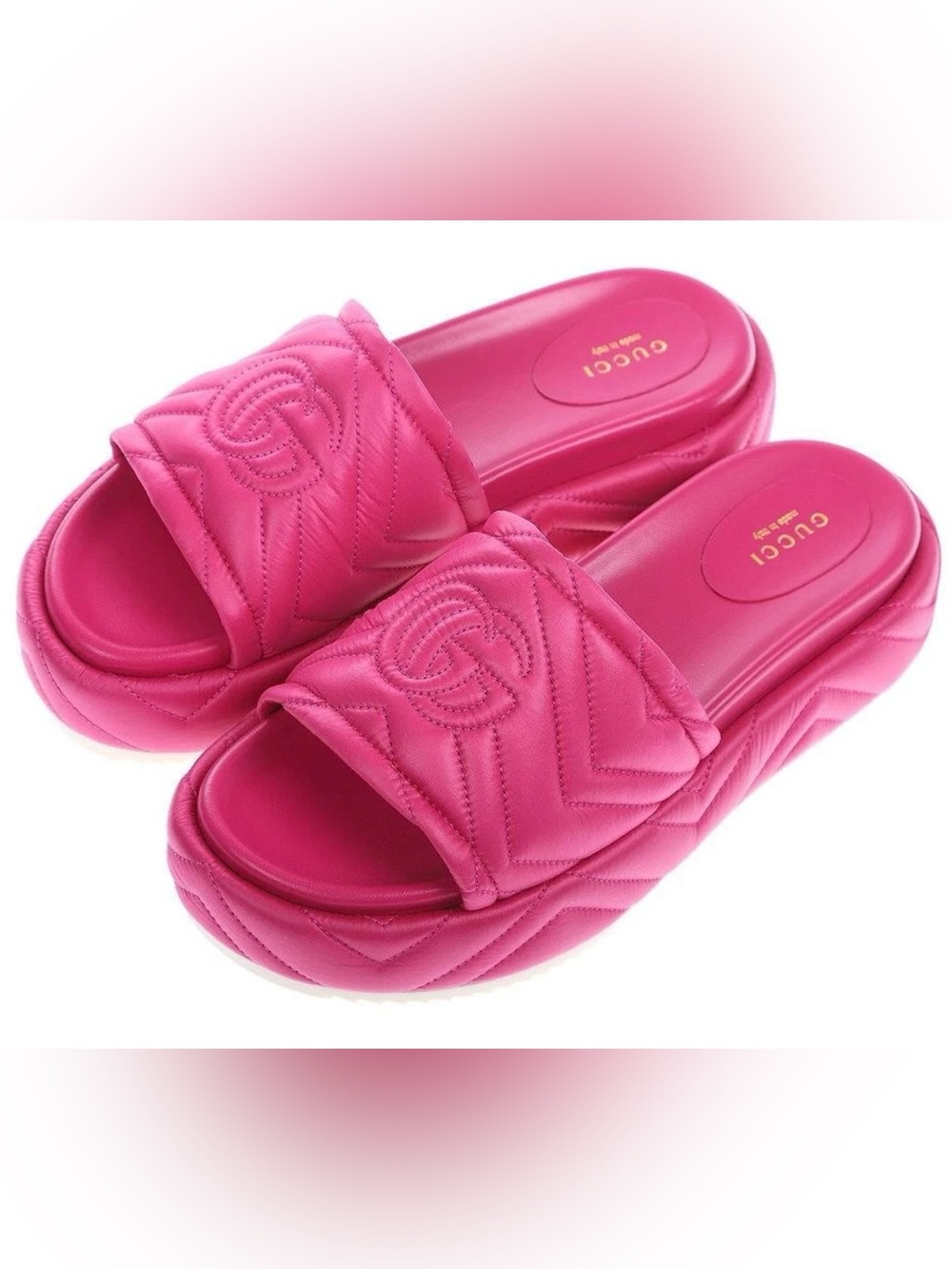 NEW GUCCI GG MARMONT FUCHSIA LEATHER NYLON PLATFORM SLIDE SANDALS SHOES 40